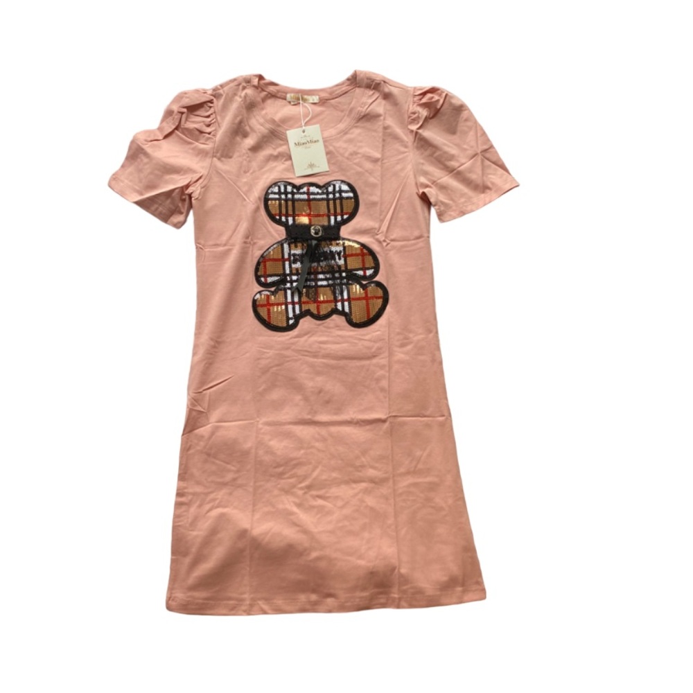 Pink short sleeve dress with a bear design